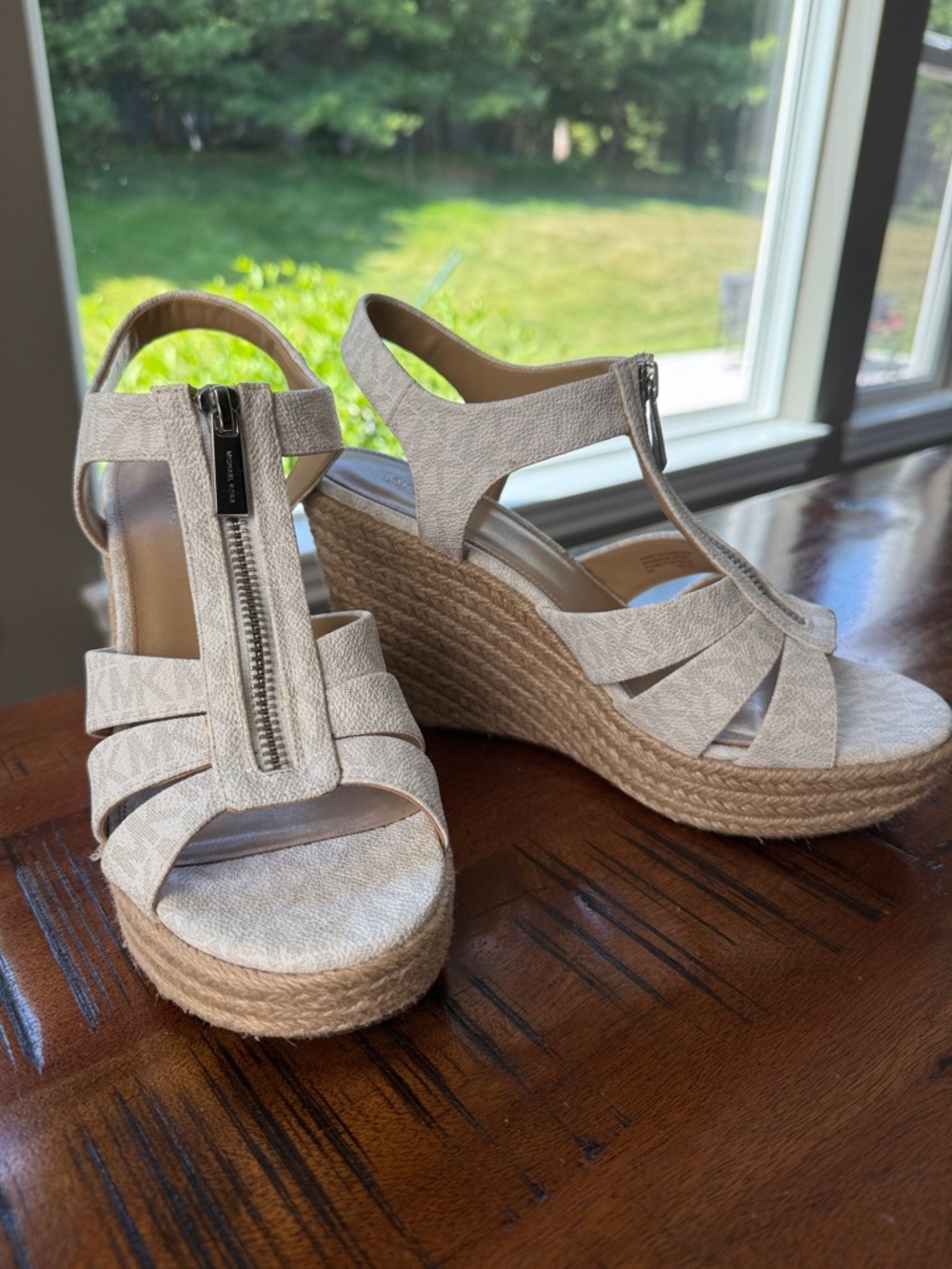 Michael Kors Neutral Tan Espadrille Platform Wedge Sandals with Front Zip